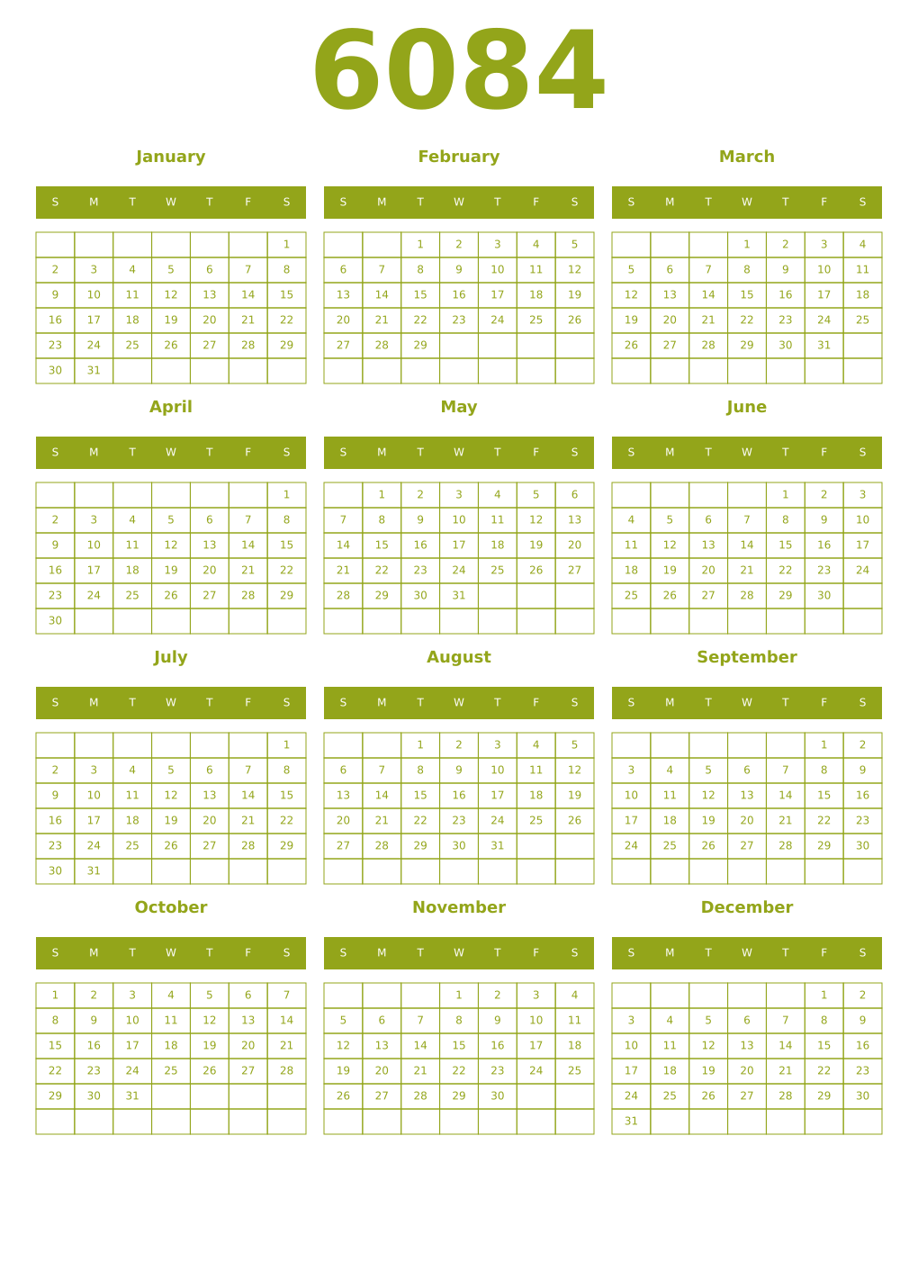 Printable 6084 Year Calendars chartreuse