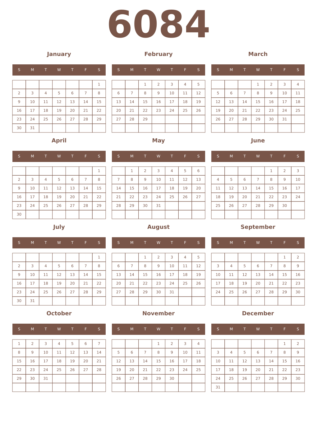 Printable 6084 Year Calendars coffe