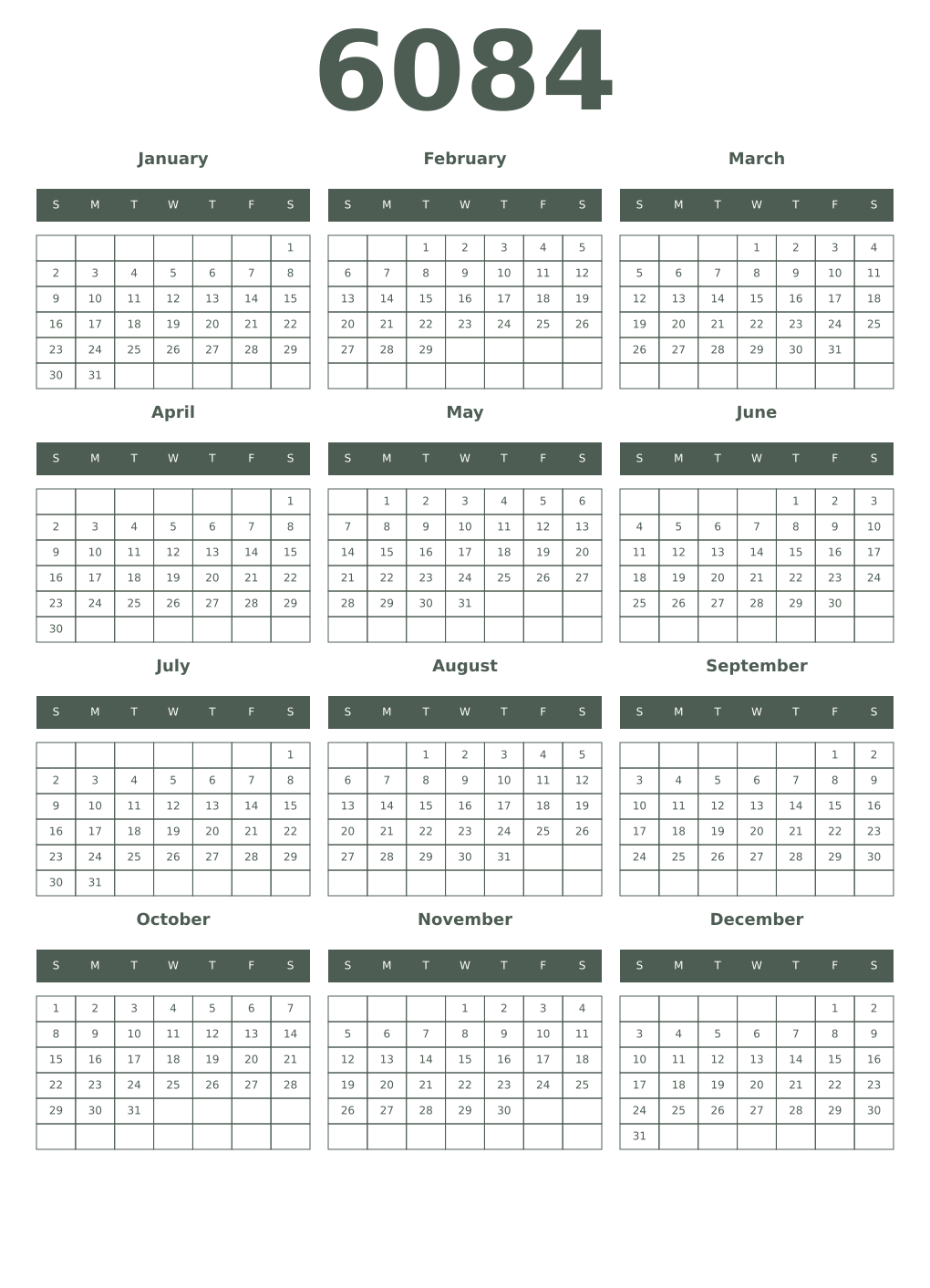 Printable 6084 Year Calendars feldgrau