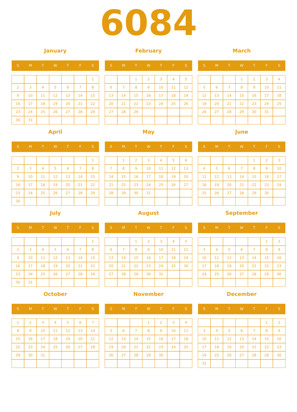 Printable 6084 Year Calendars gamboge