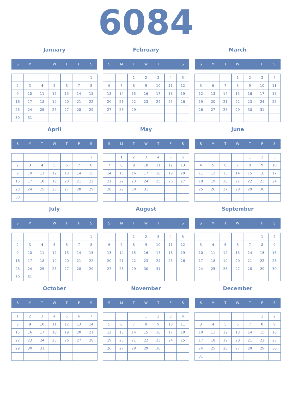 Printable 6084 Year Calendars glaucous