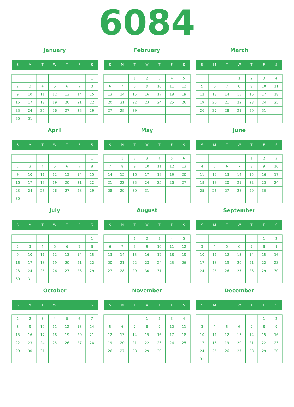 Printable 6084 Year Calendars green