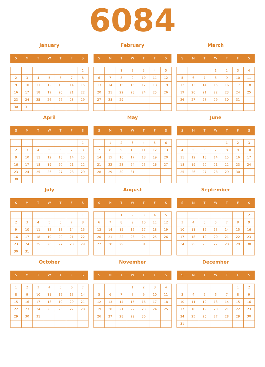 Printable 6084 Year Calendars orange