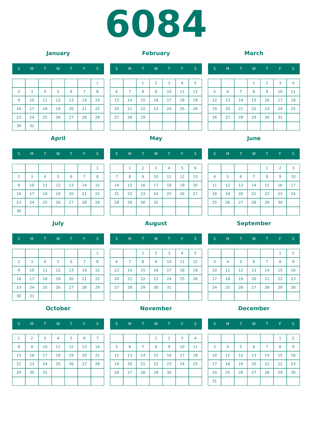 Printable 6084 Year Calendars pastel