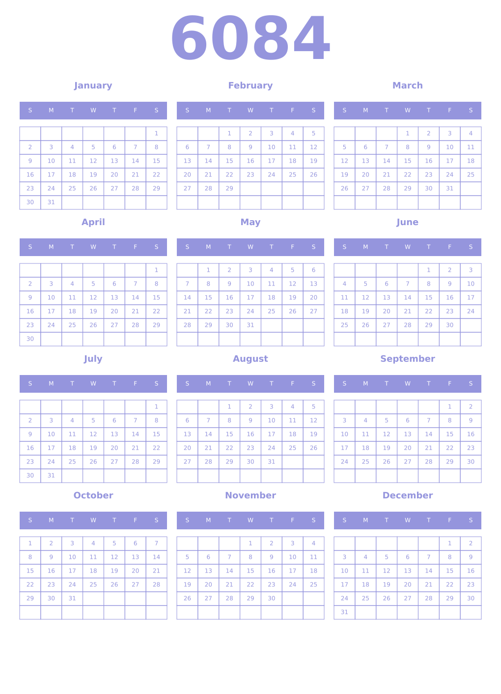 Printable 6084 Year Calendars periwinkle