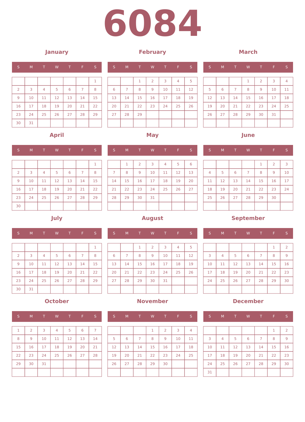 Printable 6084 Year Calendars puce