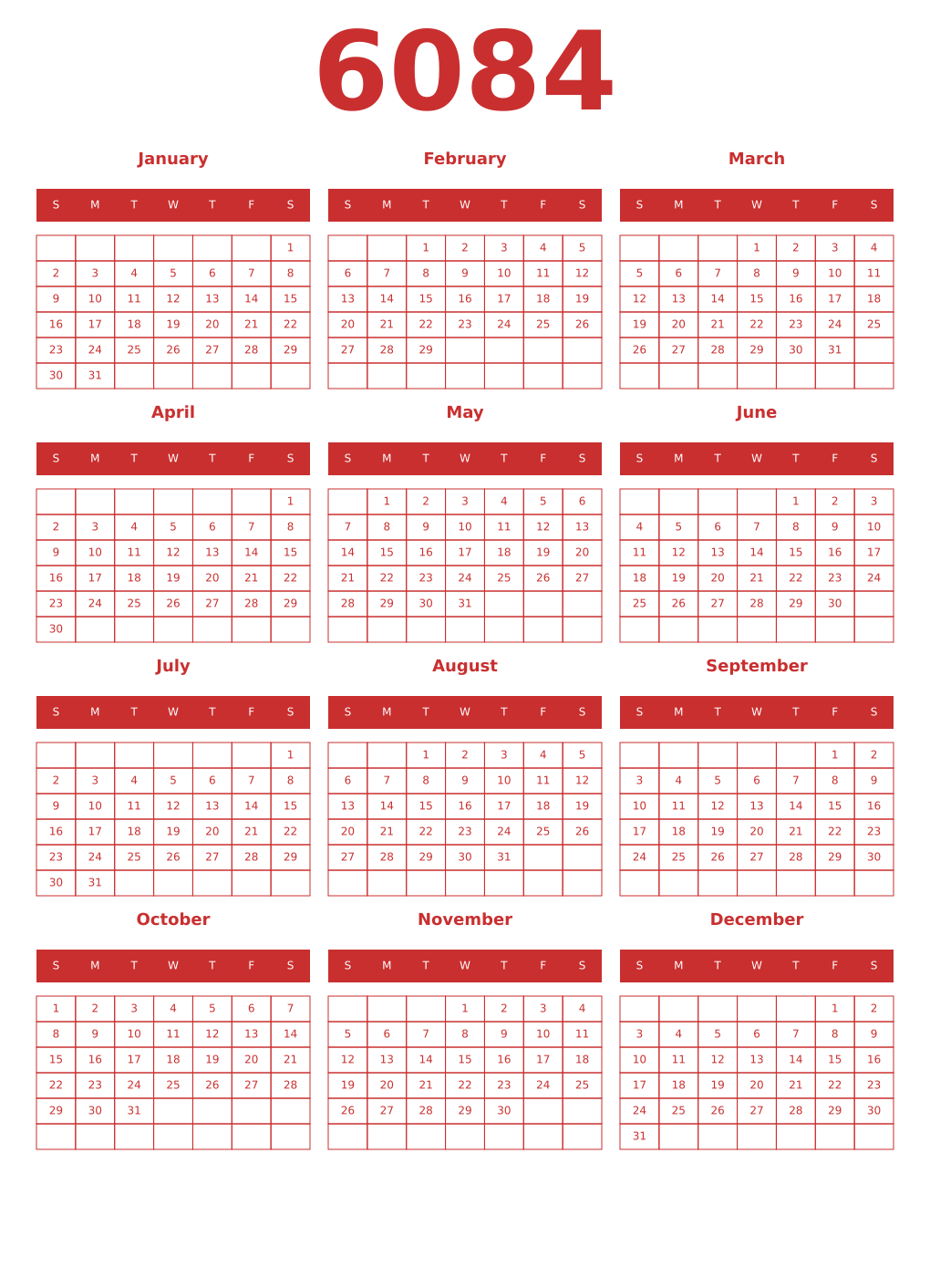 Printable 6084 Year Calendars red