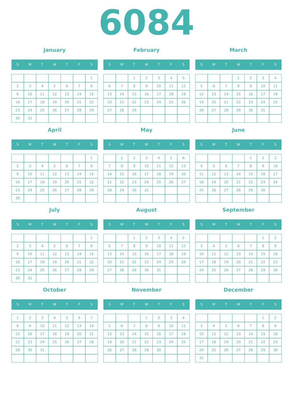 Printable 6084 Year Calendars verdigris