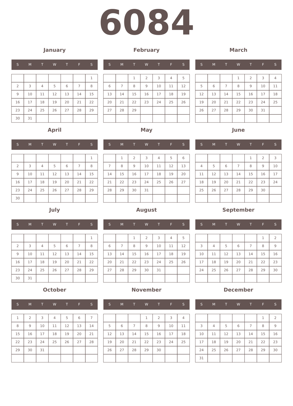 Printable 6084 Year Calendars wenge
