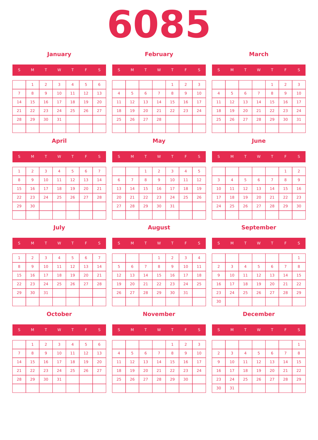 Printable 6085 Year Calendars amaranth
