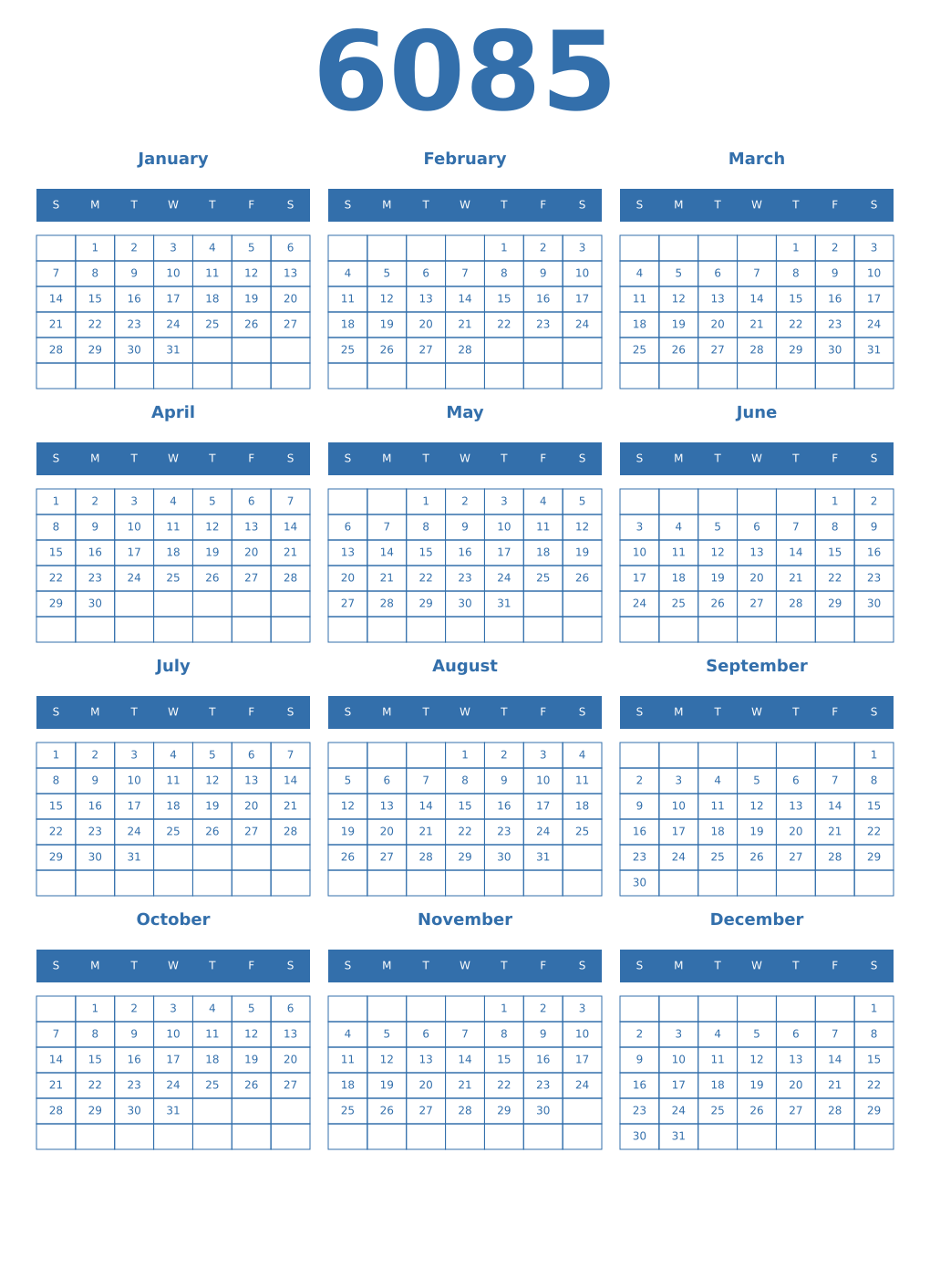 Printable 6085 Year Calendars blue
