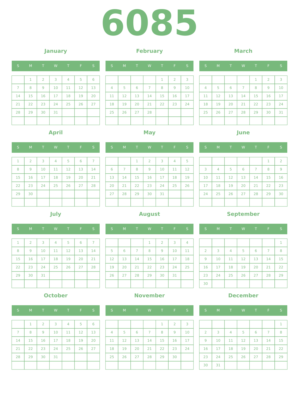Printable 6085 Year Calendars celadon