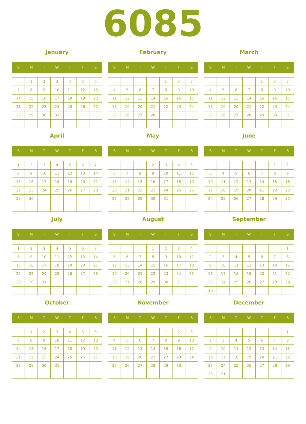Printable 6085 Year Calendars chartreuse