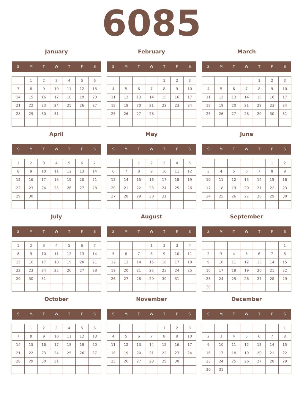 Printable 6085 Year Calendars coffe