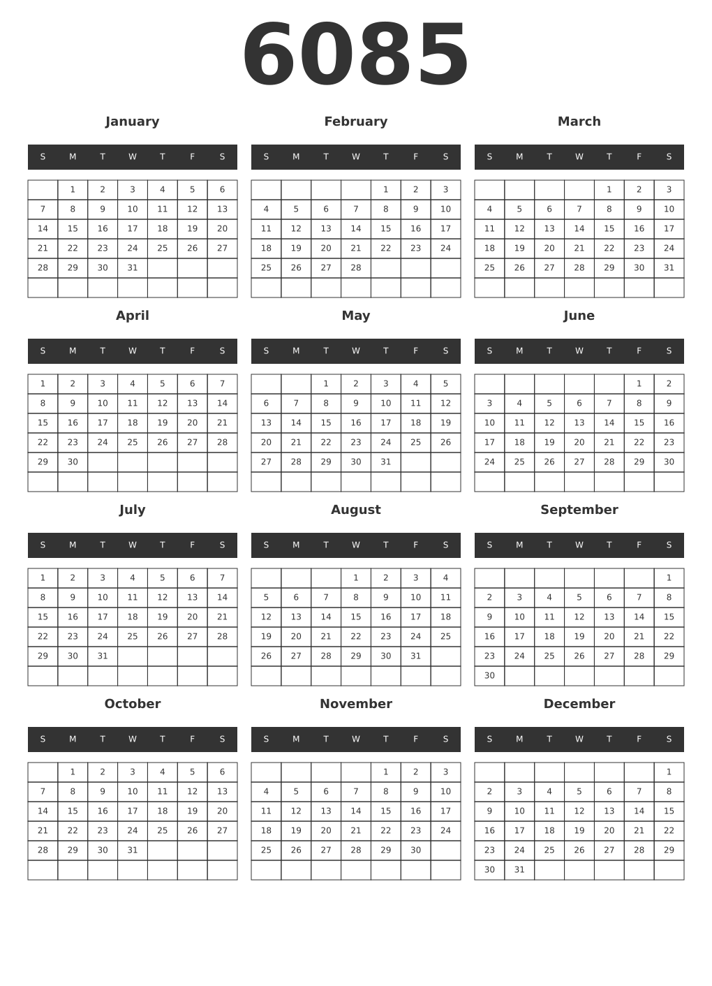 Printable 6085 Year Calendars dark