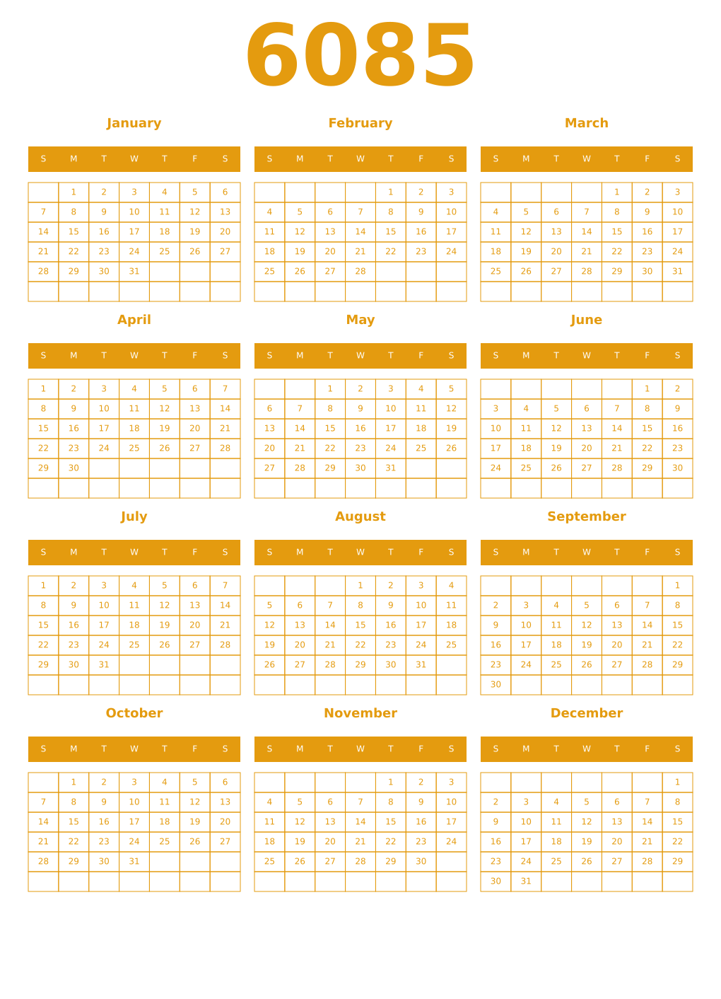Printable 6085 Year Calendars gamboge