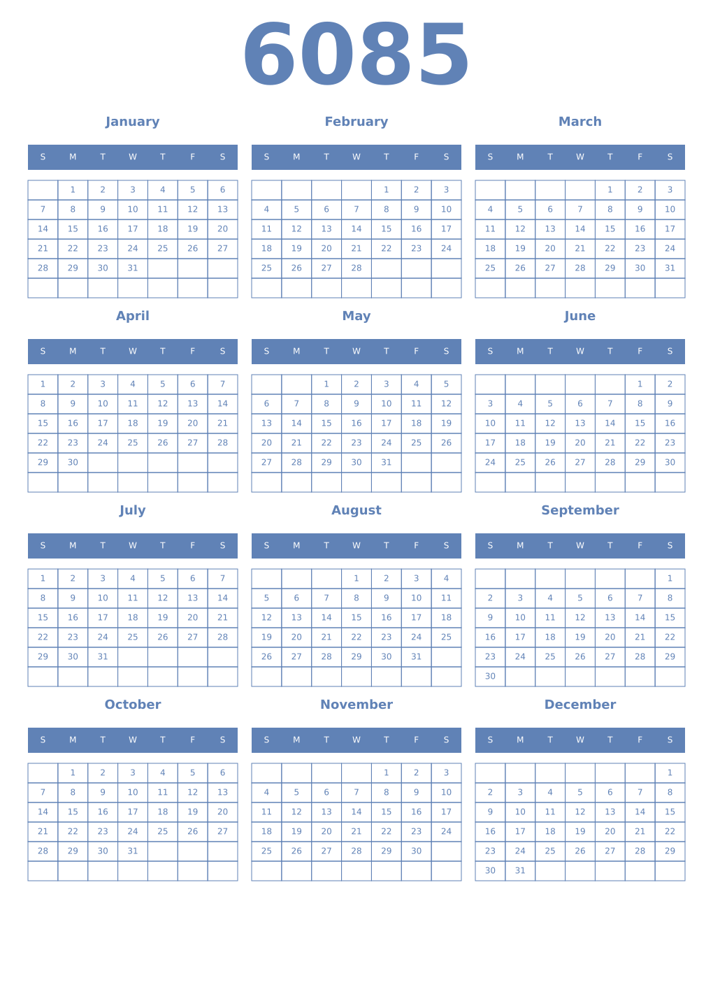 Printable 6085 Year Calendars glaucous