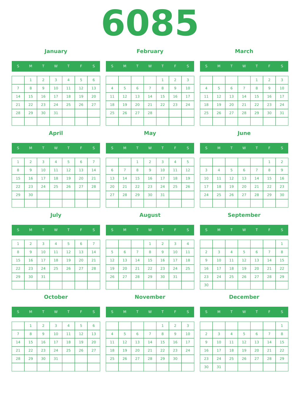 Printable 6085 Year Calendars green