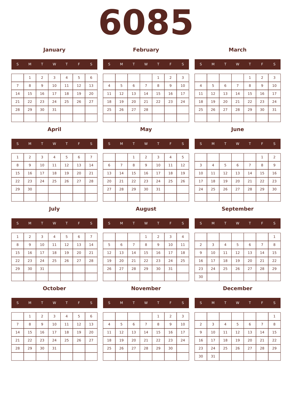 Printable 6085 Year Calendars mortuum