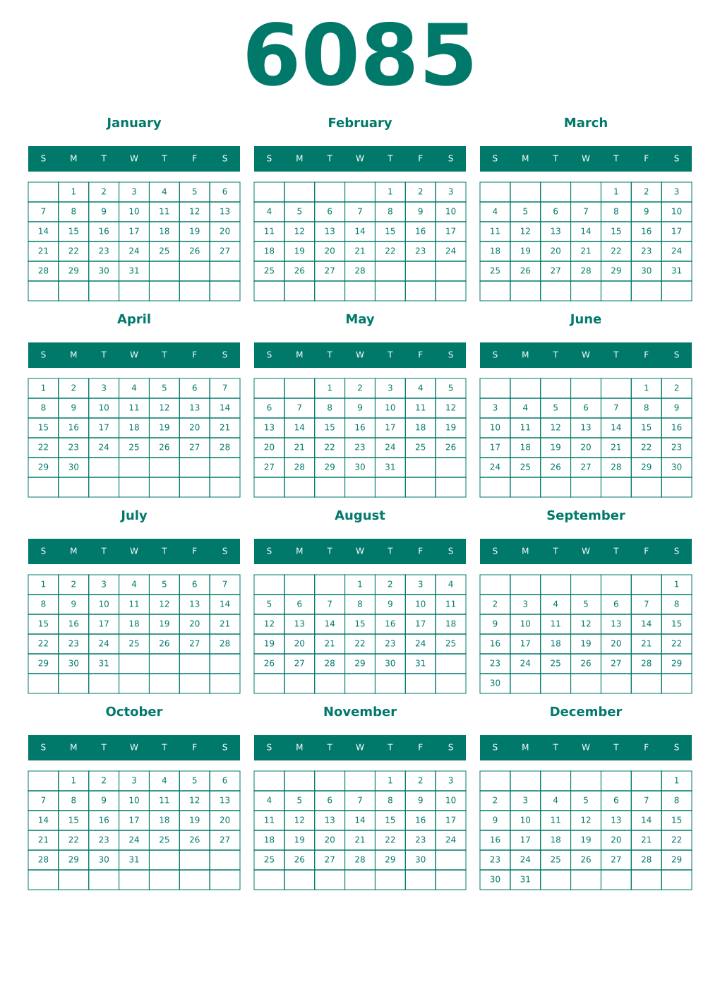 Printable 6085 Year Calendars pastel