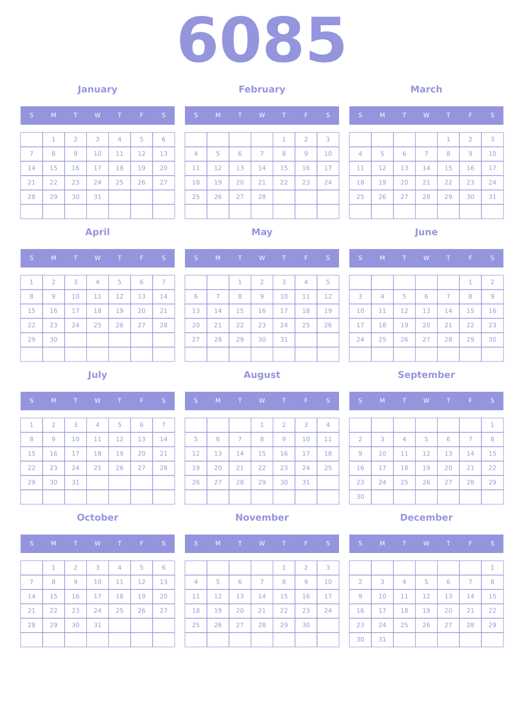 Printable 6085 Year Calendars periwinkle