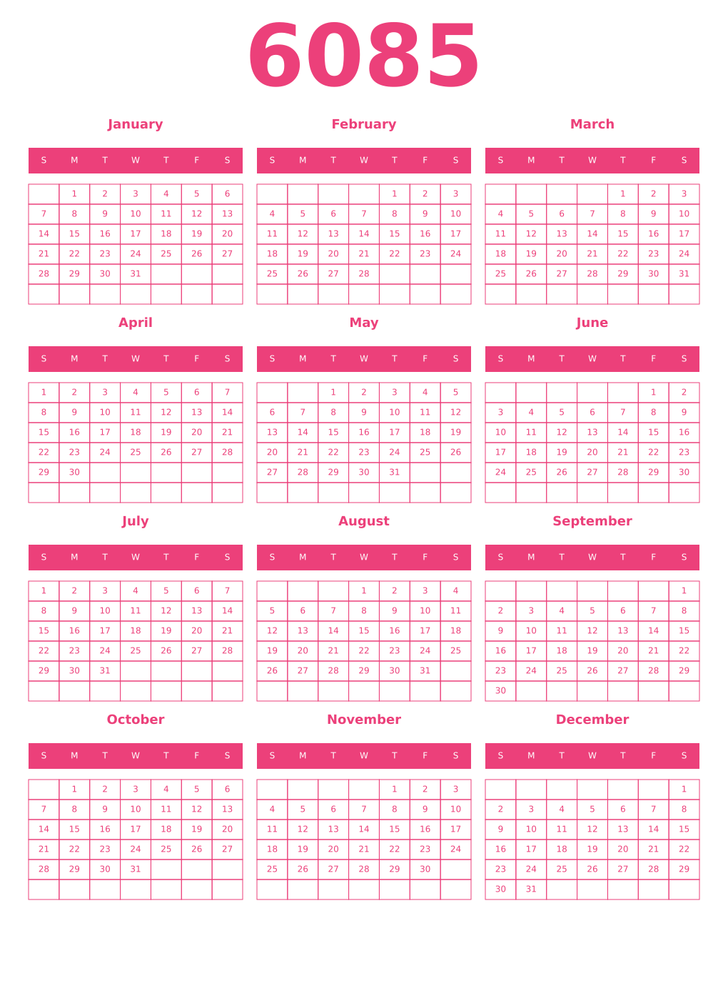 Printable 6085 Year Calendars pink
