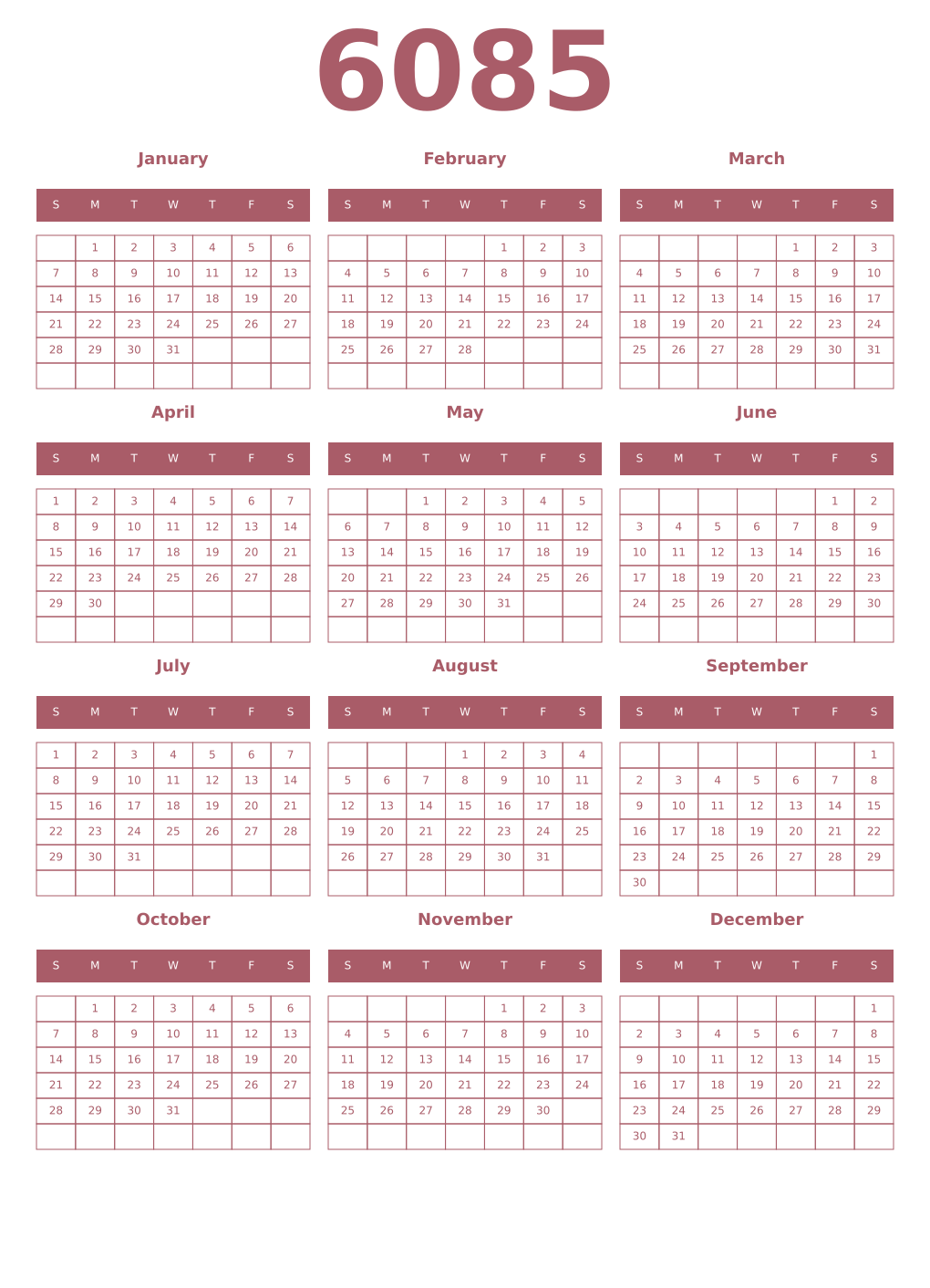 Printable 6085 Year Calendars puce