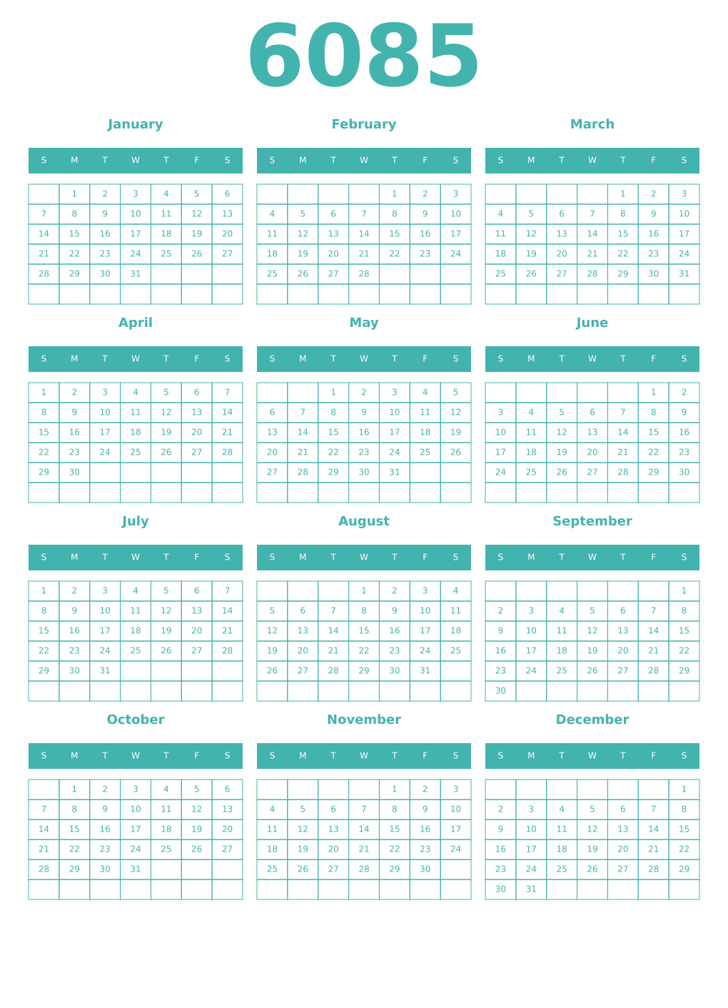 Printable 6085 Year Calendars verdigris