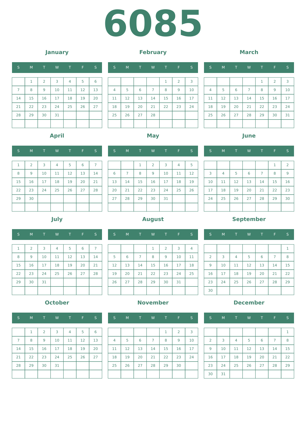 Printable 6085 Year Calendars viridian