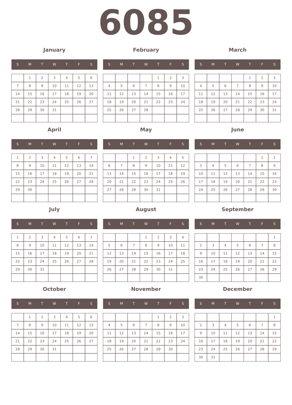 Printable 6085 Year Calendars wenge