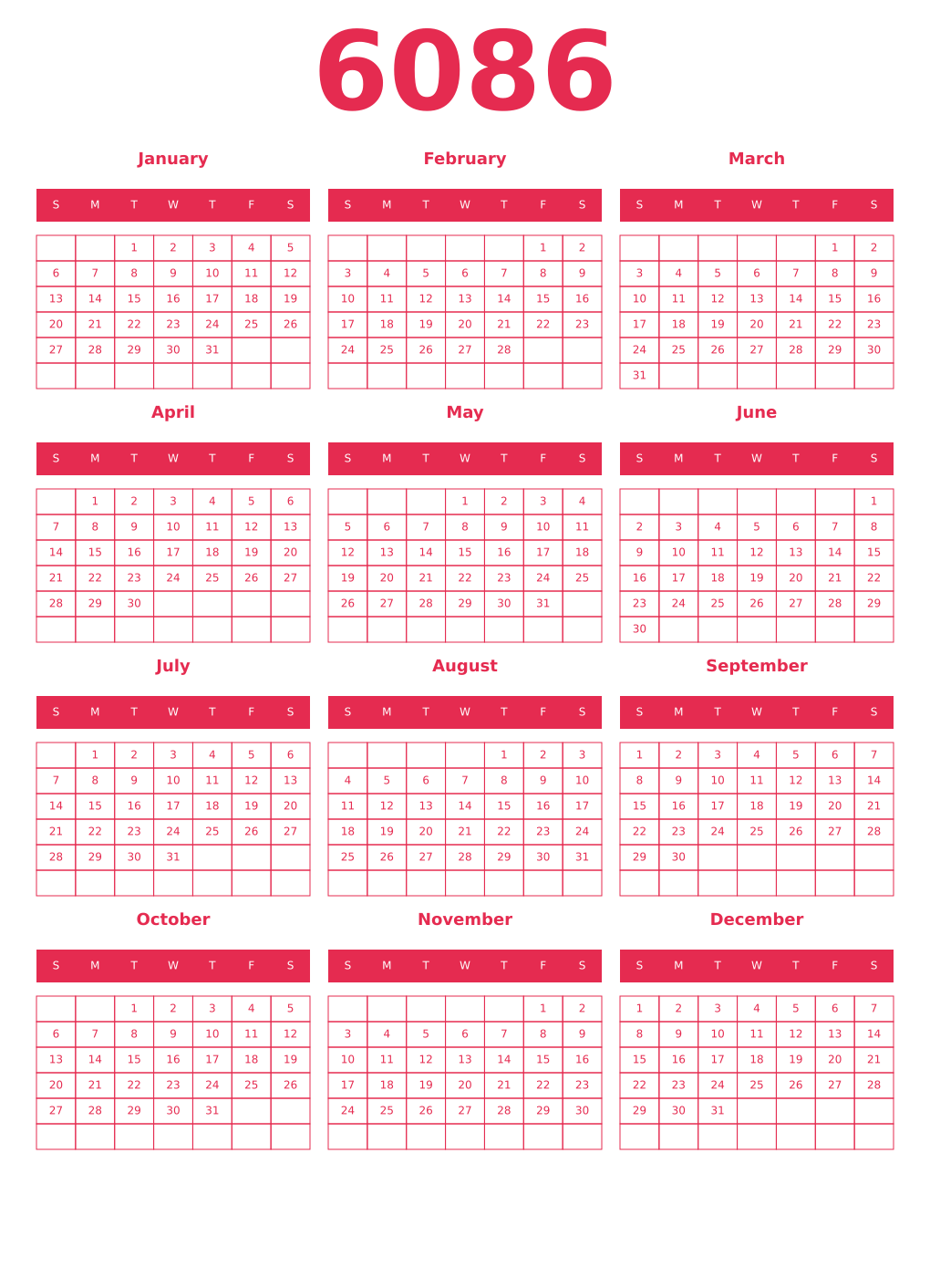Printable 6086 Year Calendars amaranth