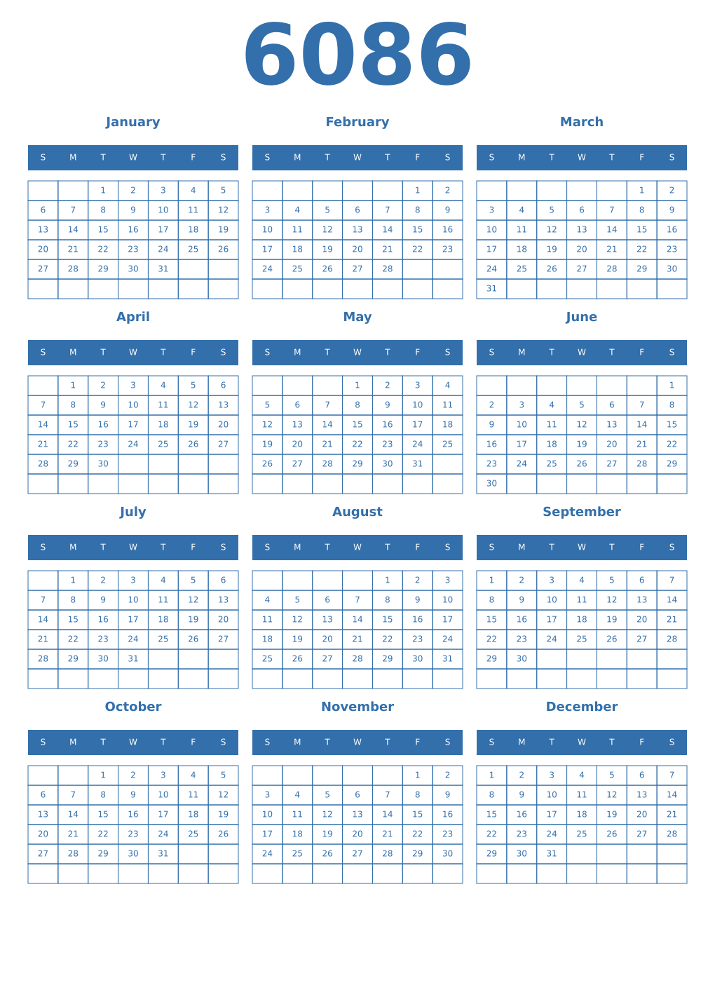 Printable 6086 Year Calendars blue