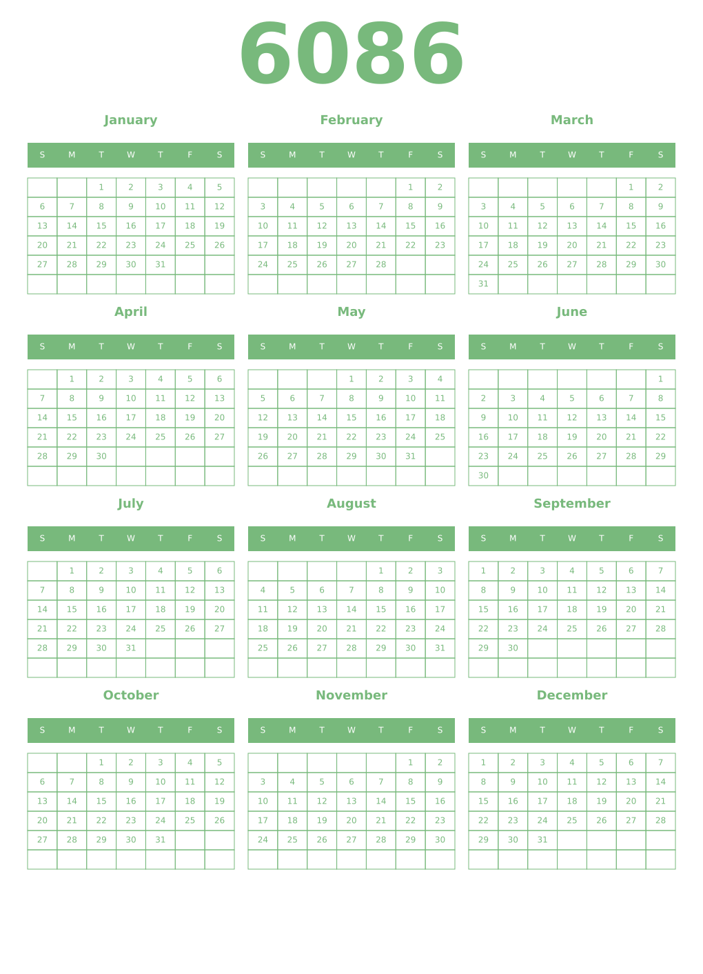 Printable 6086 Year Calendars celadon