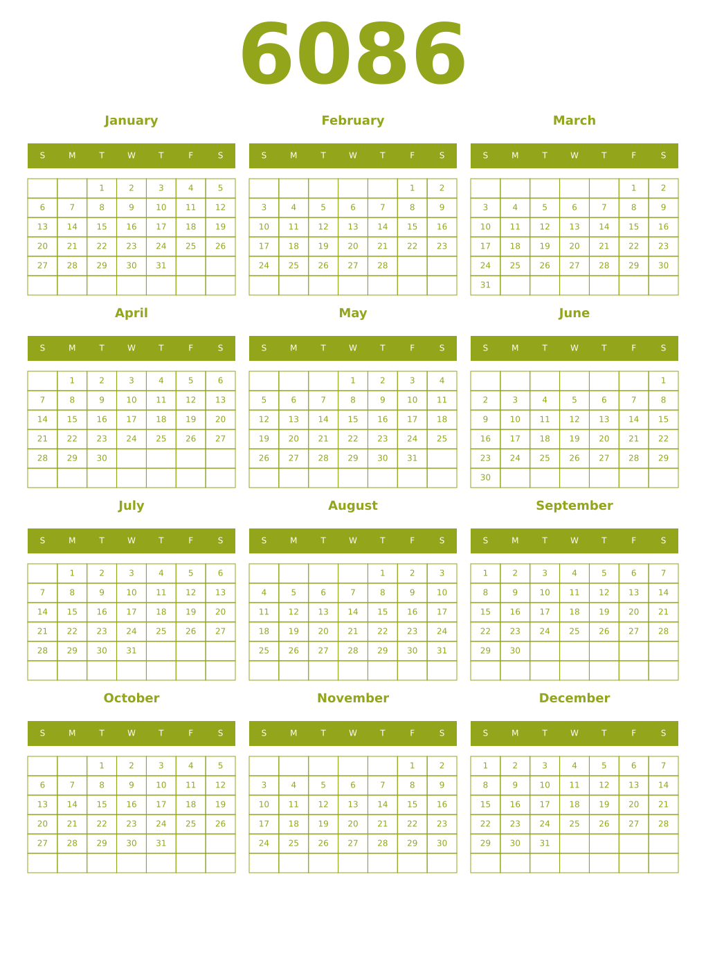 Printable 6086 Year Calendars chartreuse