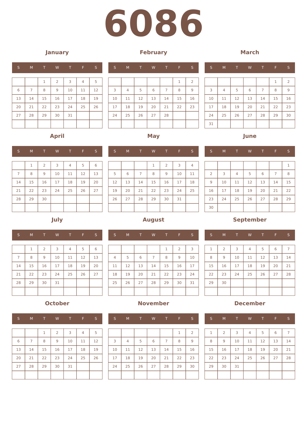 Printable 6086 Year Calendars coffe
