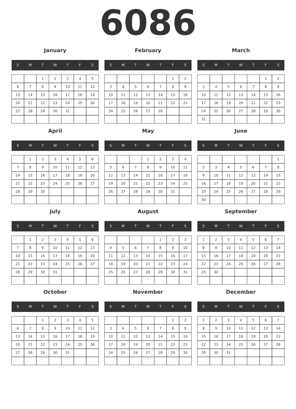 Printable 6086 Year Calendars dark