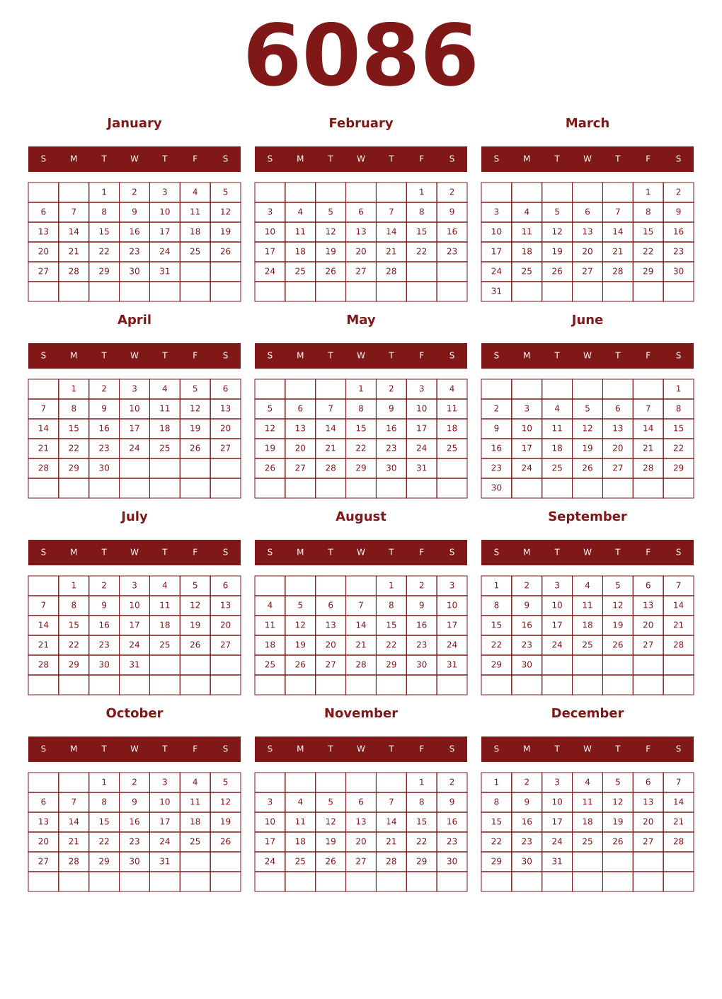 Printable 6086 Year Calendars falu