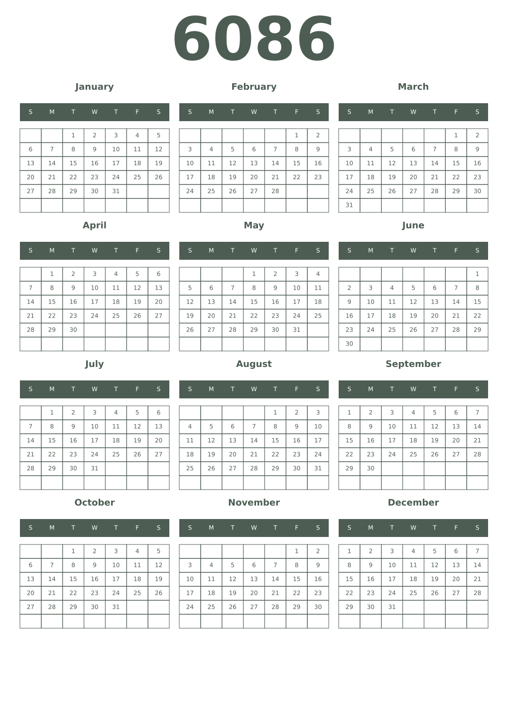 Printable 6086 Year Calendars feldgrau