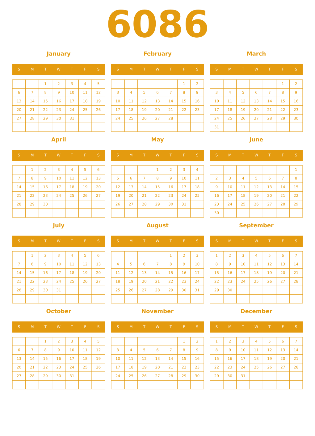 Printable 6086 Year Calendars gamboge