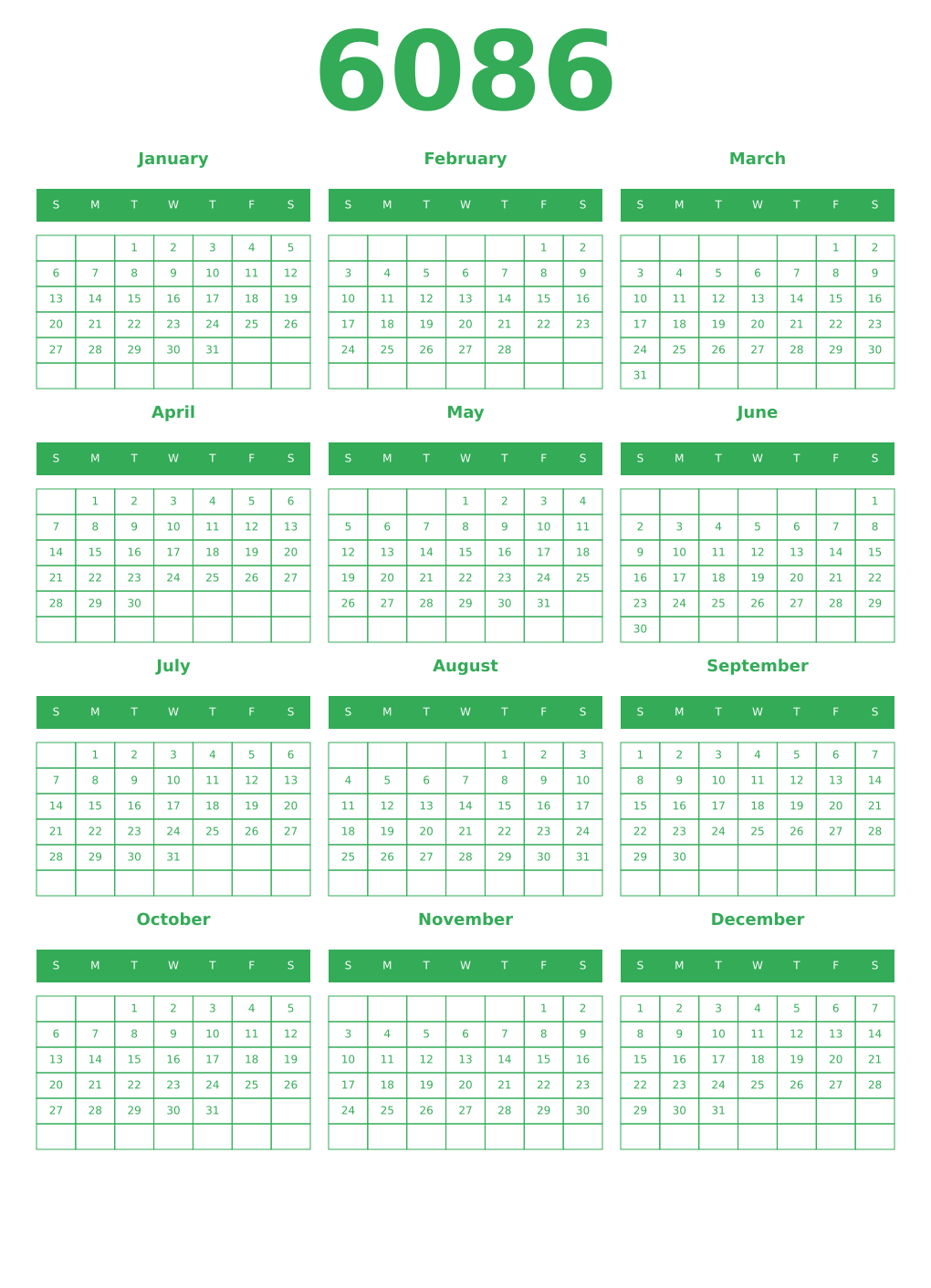 Printable 6086 Year Calendars green