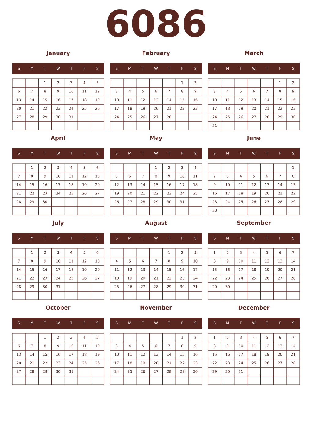 Printable 6086 Year Calendars mortuum
