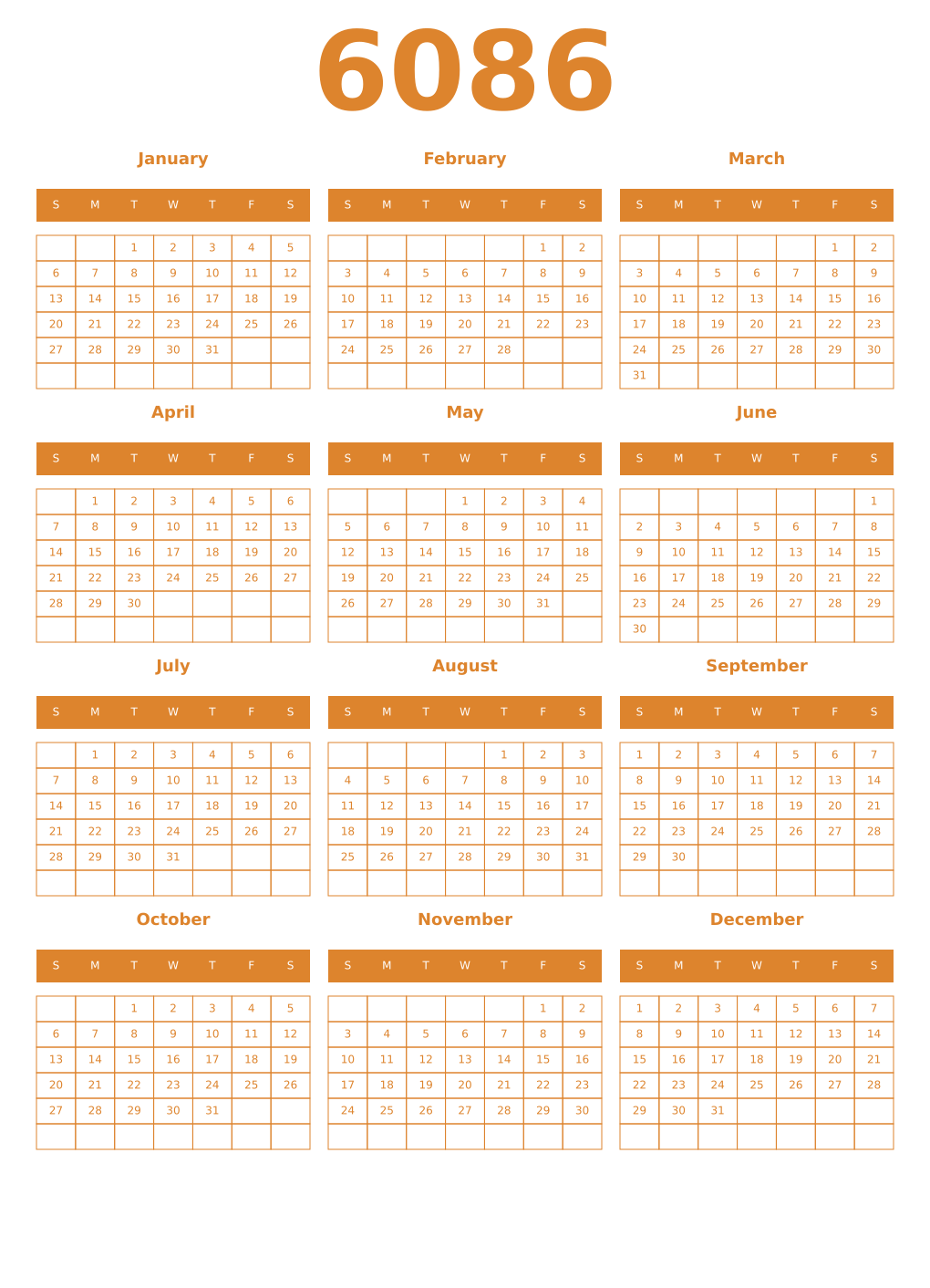 Printable 6086 Year Calendars orange