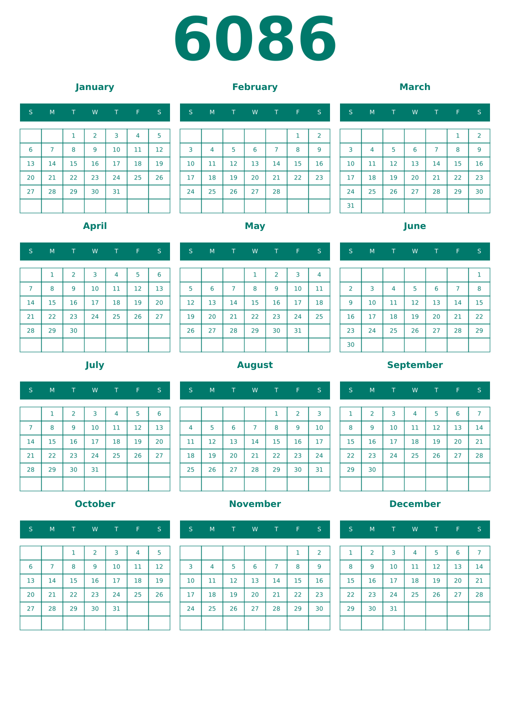 Printable 6086 Year Calendars pastel