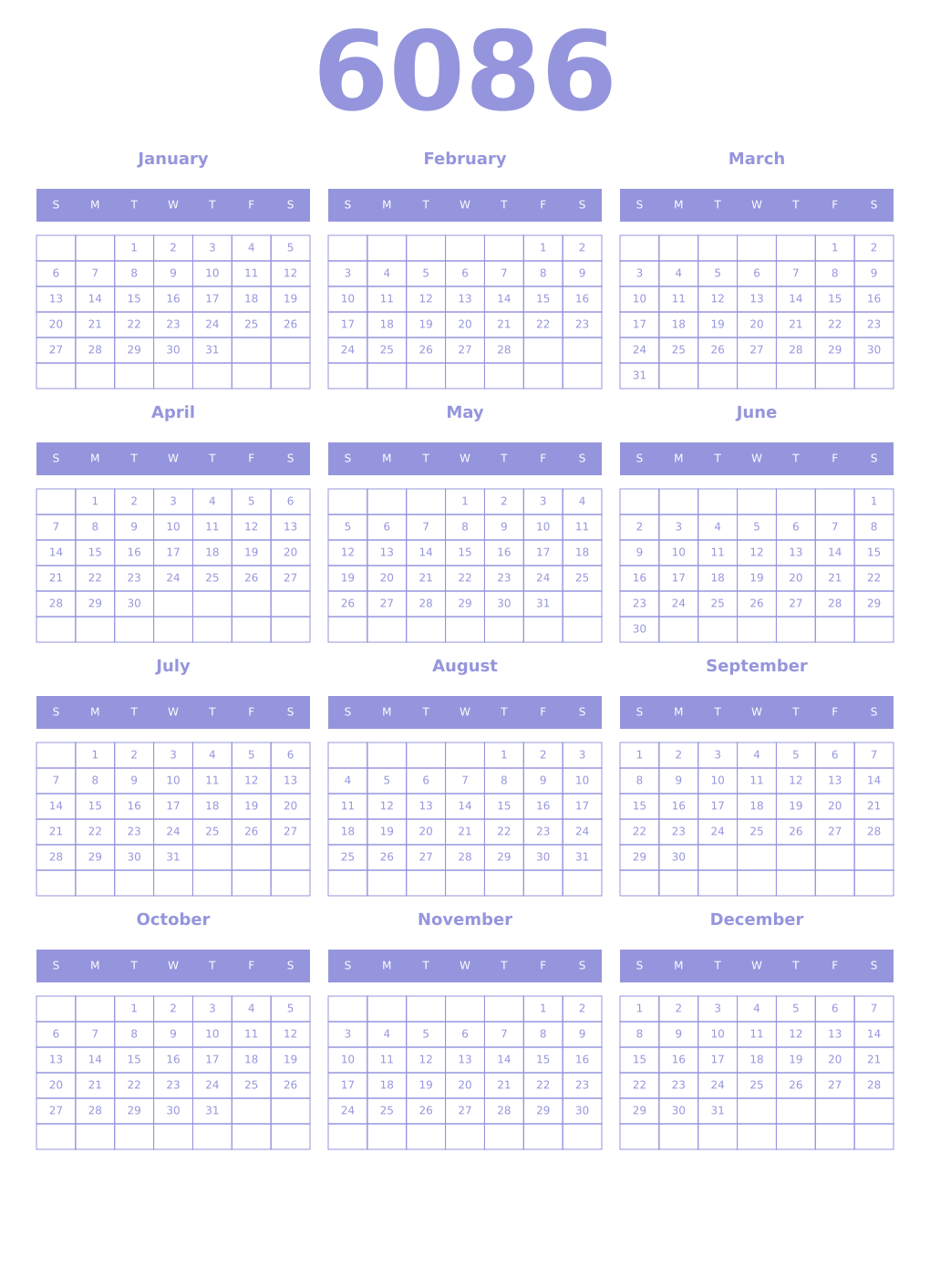Printable 6086 Year Calendars periwinkle