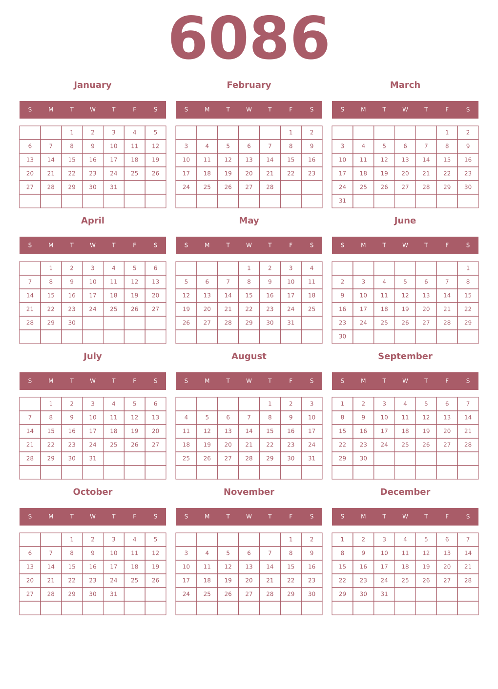 Printable 6086 Year Calendars puce