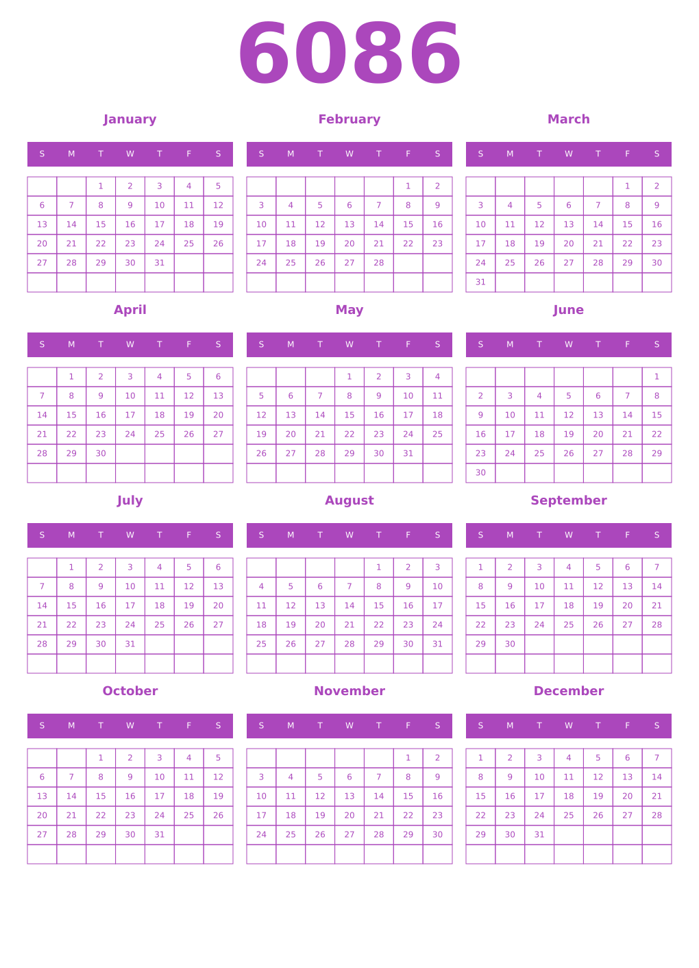 Printable 6086 Year Calendars purple
