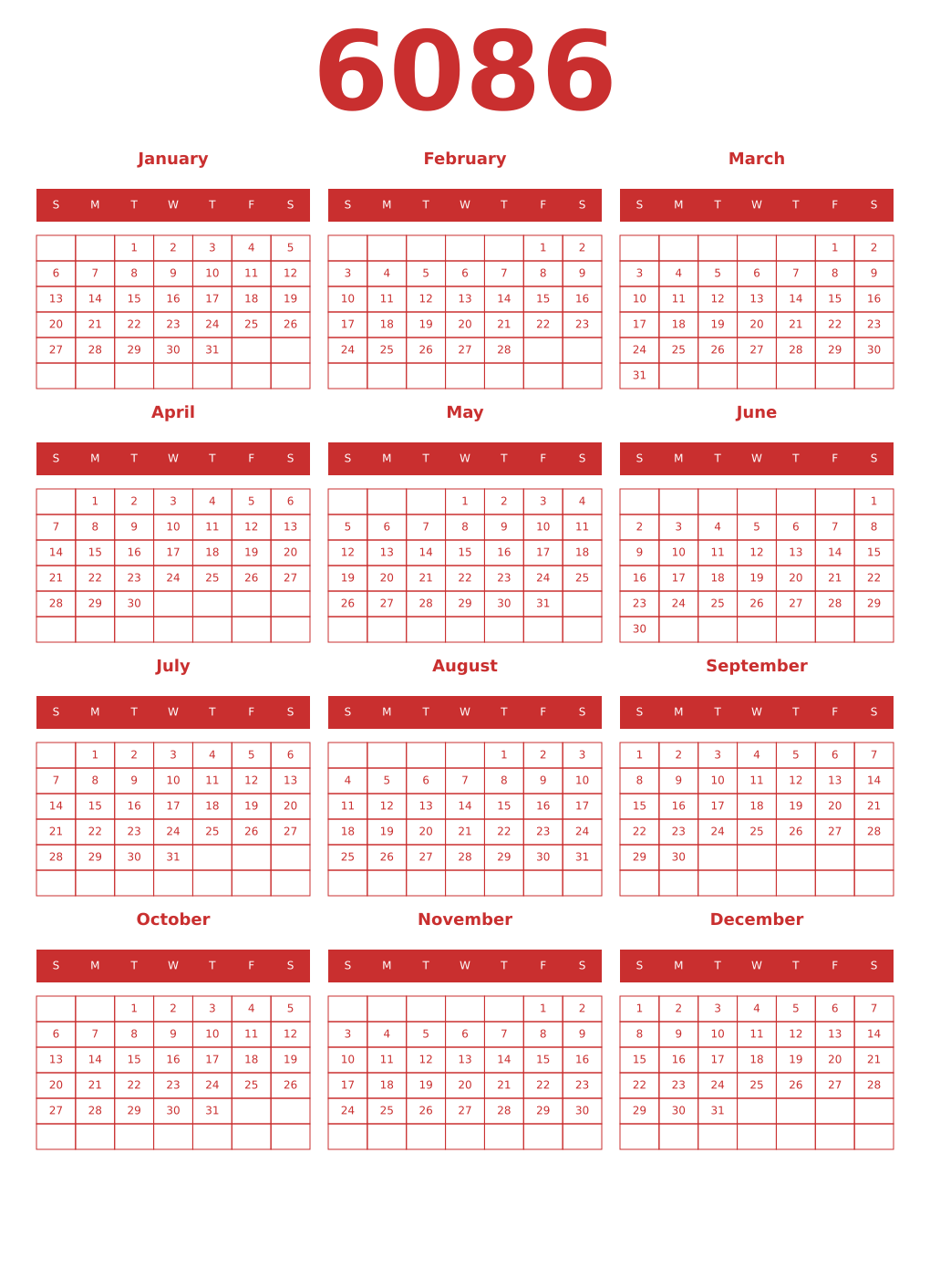 Printable 6086 Year Calendars red