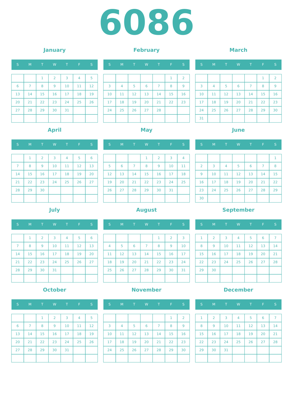 Printable 6086 Year Calendars verdigris