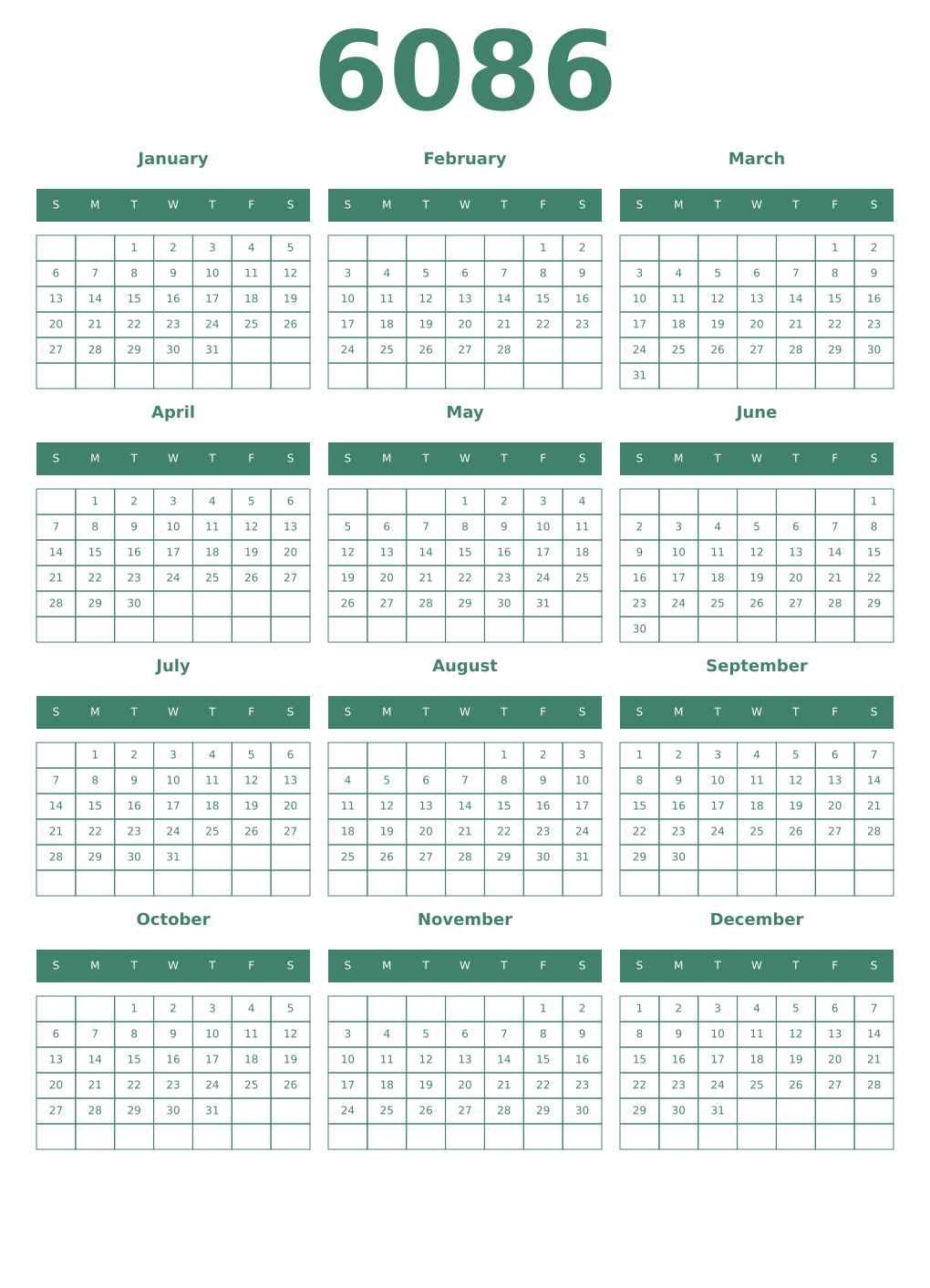 Printable 6086 Year Calendars viridian
