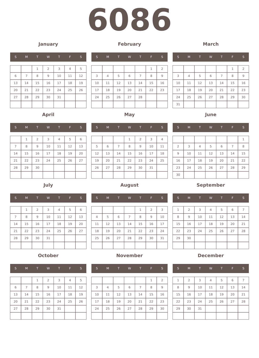 Printable 6086 Year Calendars wenge